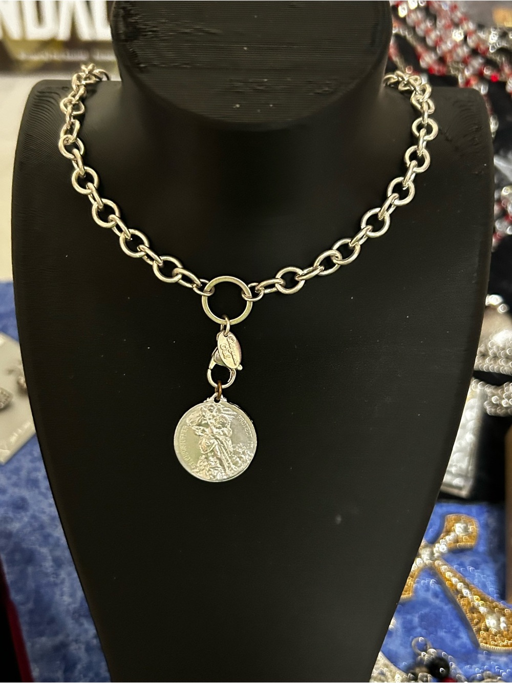 Silver tone Chain Necklace with St. Christopher Pendant